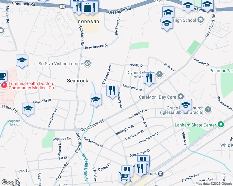 map of restaurants, bars, coffee shops, grocery stores, and more near 7000 Presley Road in Lanham