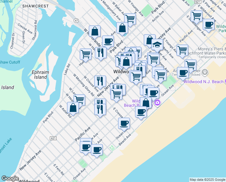 map of restaurants, bars, coffee shops, grocery stores, and more near 124 East Bennett Avenue in Wildwood