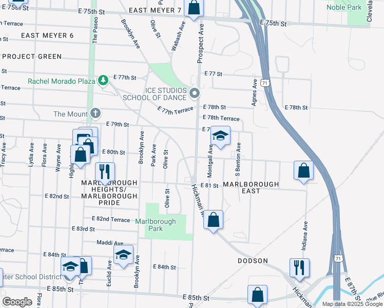 map of restaurants, bars, coffee shops, grocery stores, and more near 7947 Hickman Mills Drive in Kansas City