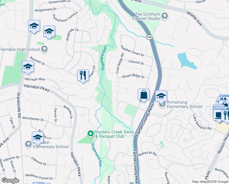 map of restaurants, bars, coffee shops, grocery stores, and more near 1550 Coat Ridge Rd in Herndon