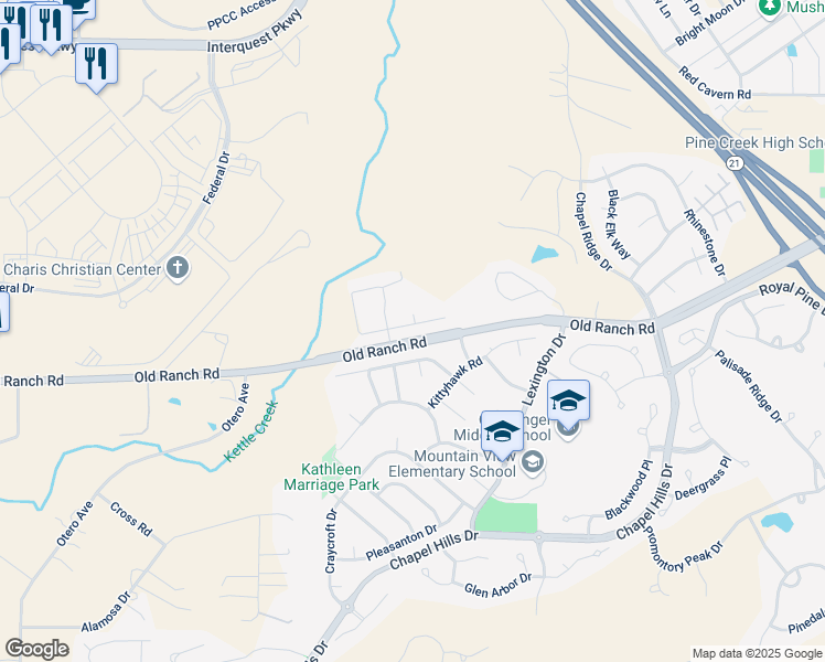 map of restaurants, bars, coffee shops, grocery stores, and more near 2635 Stone Creek Road in Colorado Springs