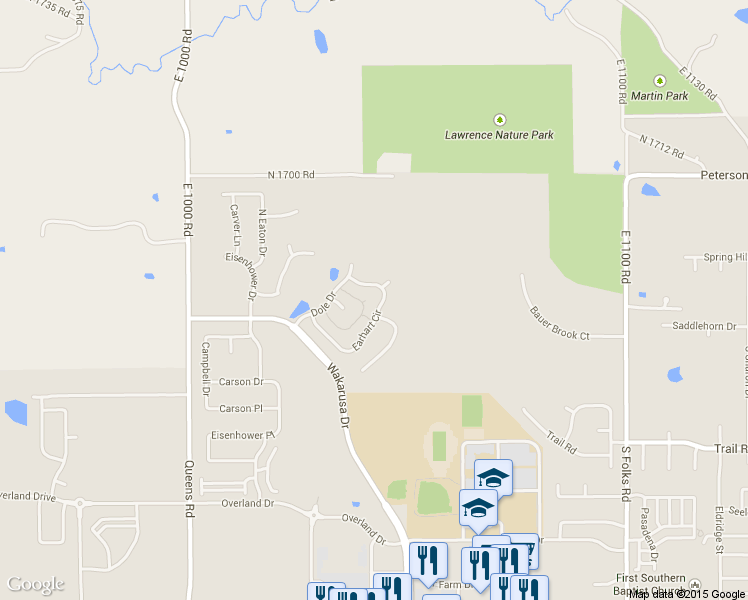 map of restaurants, bars, coffee shops, grocery stores, and more near 131 Earhart Circle in Lawrence