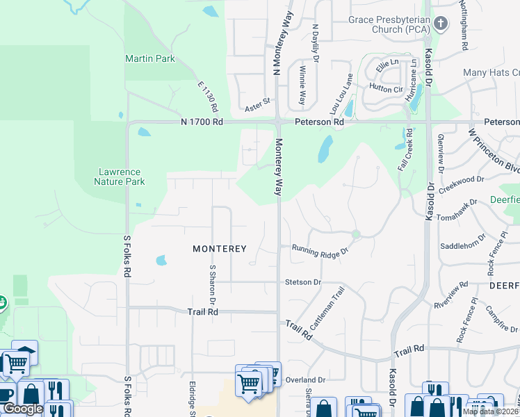 map of restaurants, bars, coffee shops, grocery stores, and more near 109 Monterey Way in Lawrence