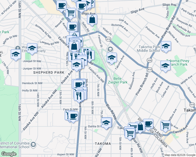 map of restaurants, bars, coffee shops, grocery stores, and more near 7506 Eastern Avenue Northwest in Washington