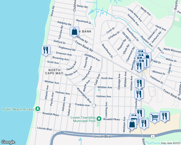 map of restaurants, bars, coffee shops, grocery stores, and more near 200 Haverford Avenue in North Cape May