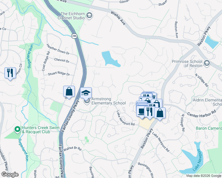 map of restaurants, bars, coffee shops, grocery stores, and more near 1501 Elk Point Drive in Reston