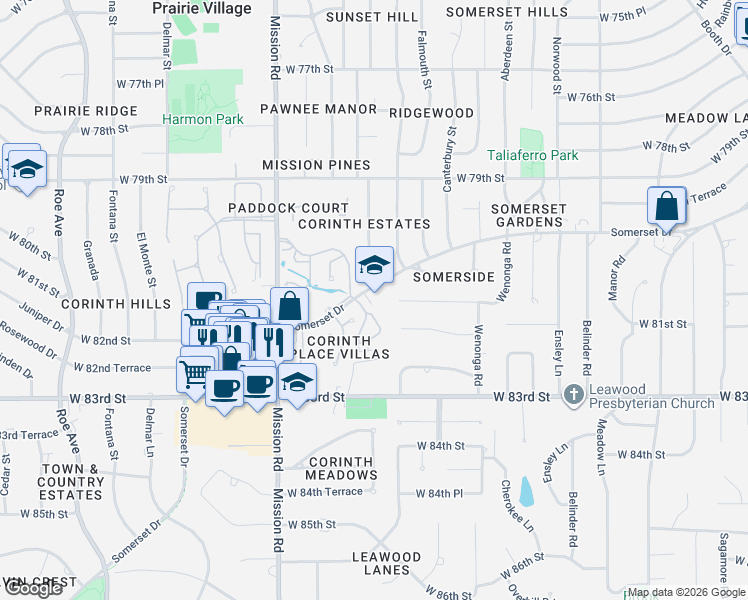 map of restaurants, bars, coffee shops, grocery stores, and more near 3531 Somerset Drive in Prairie Village