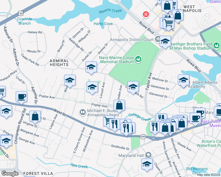 map of restaurants, bars, coffee shops, grocery stores, and more near 307 Glen Avenue in Annapolis