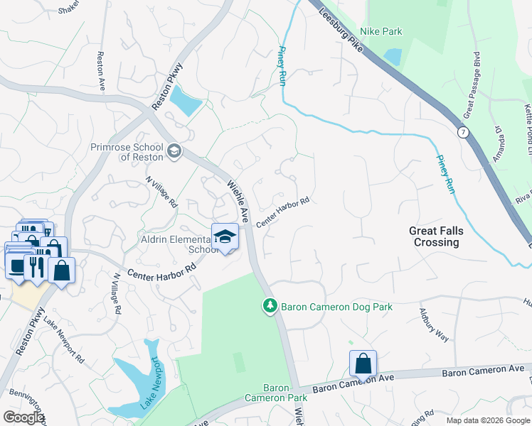 map of restaurants, bars, coffee shops, grocery stores, and more near 1302 Wedgewood Manor Way in Reston