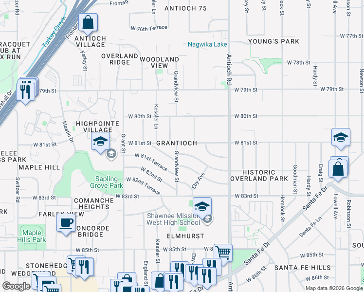 map of restaurants, bars, coffee shops, grocery stores, and more near 9015 West 81st Street in Overland Park
