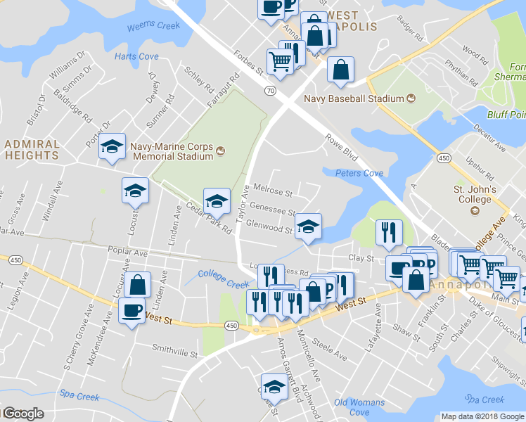map of restaurants, bars, coffee shops, grocery stores, and more near 721 Genessee Street in Annapolis