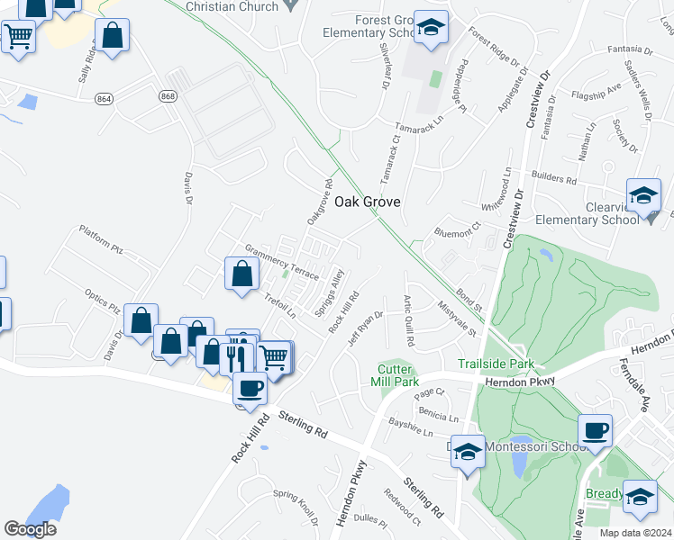 map of restaurants, bars, coffee shops, grocery stores, and more near 22920 Fleet Terrace in Sterling