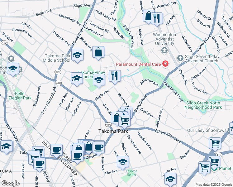 map of restaurants, bars, coffee shops, grocery stores, and more near 120 Sherman Avenue in Takoma Park