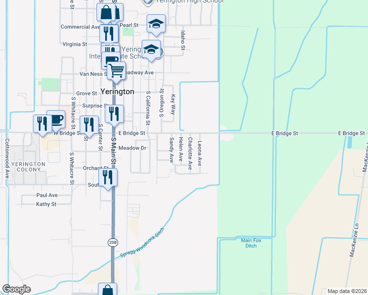 map of restaurants, bars, coffee shops, grocery stores, and more near 310 Helen Avenue in Yerington