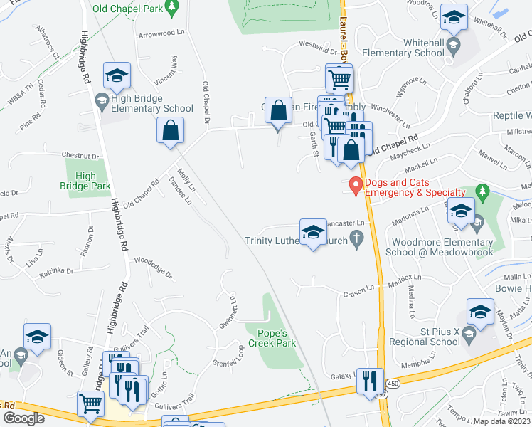 map of restaurants, bars, coffee shops, grocery stores, and more near 14012 Lancaster Lane in Bowie