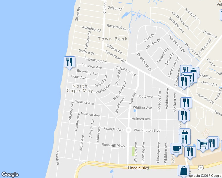 map of restaurants, bars, coffee shops, grocery stores, and more near 1007 Scott Avenue in North Cape May