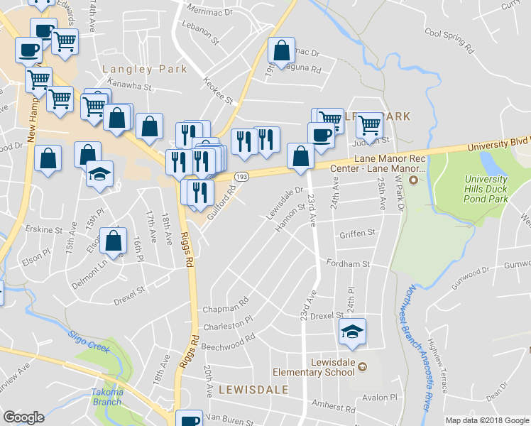 map of restaurants, bars, coffee shops, grocery stores, and more near 2250 Lewisdale Drive in Hyattsville