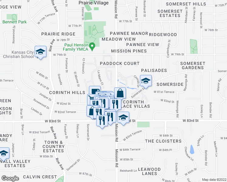 map of restaurants, bars, coffee shops, grocery stores, and more near 8100 Mission Road in Prairie Village