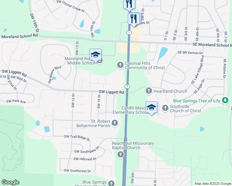 map of restaurants, bars, coffee shops, grocery stores, and more near 2200 Southwest 8th Street Terrace in Blue Springs