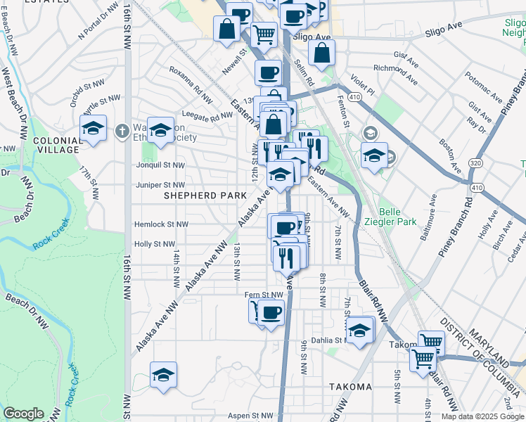 map of restaurants, bars, coffee shops, grocery stores, and more near 7542 12th Street Northwest in Washington