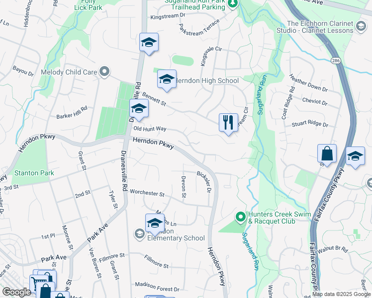 map of restaurants, bars, coffee shops, grocery stores, and more near 691 Old Hunt Way in Herndon