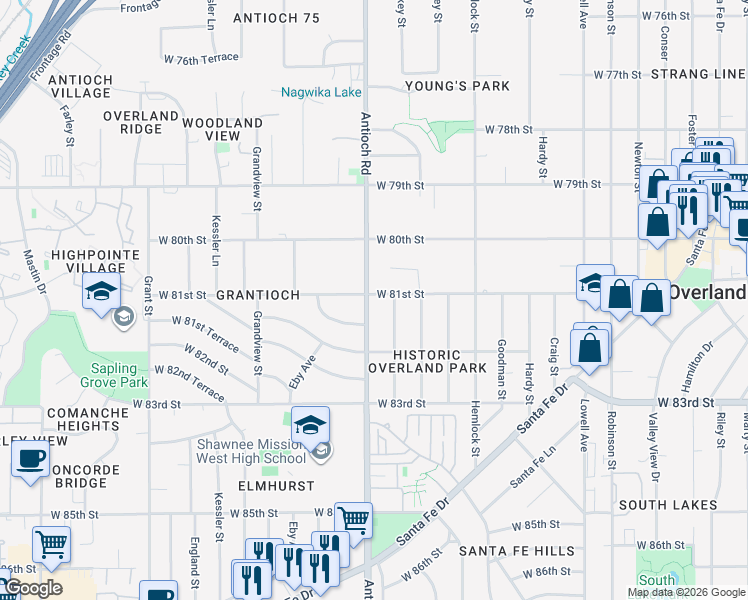 map of restaurants, bars, coffee shops, grocery stores, and more near 8101 Antioch Road in Overland Park