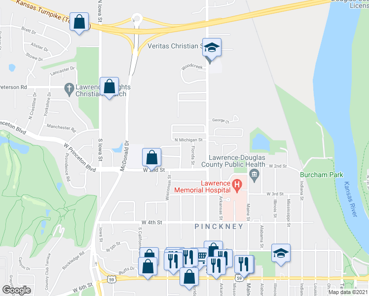 map of restaurants, bars, coffee shops, grocery stores, and more near 124 Minnesota Street in Lawrence