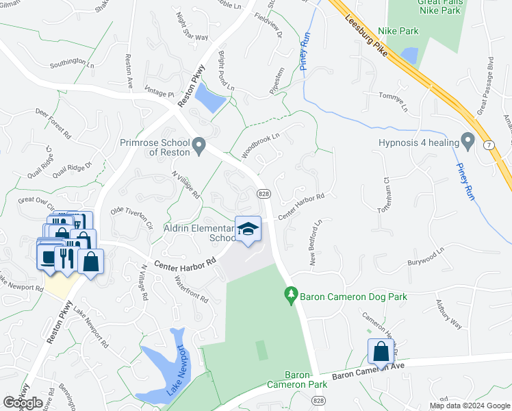map of restaurants, bars, coffee shops, grocery stores, and more near 1324D Garden Wall Circle in Reston