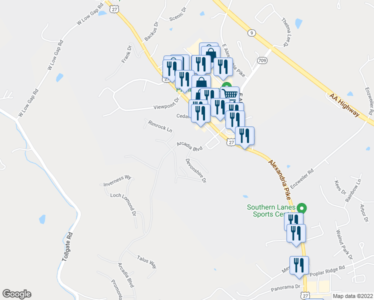 map of restaurants, bars, coffee shops, grocery stores, and more near 7360 Devonshire Drive in Alexandria