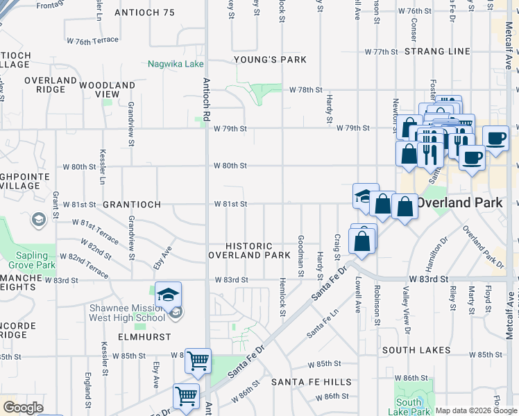 map of restaurants, bars, coffee shops, grocery stores, and more near 8100 Hadley Street in Overland Park