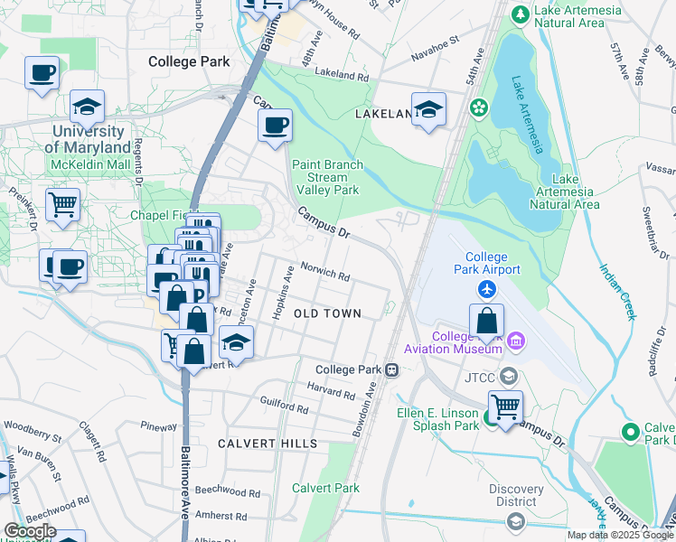 map of restaurants, bars, coffee shops, grocery stores, and more near 4706 Norwich Road in College Park
