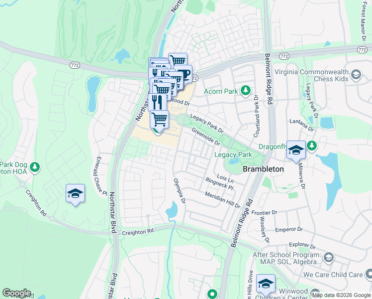 map of restaurants, bars, coffee shops, grocery stores, and more near 22956 Rose Quartz Square in Ashburn