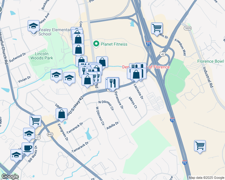 map of restaurants, bars, coffee shops, grocery stores, and more near 8211 U.S. 42 in Florence
