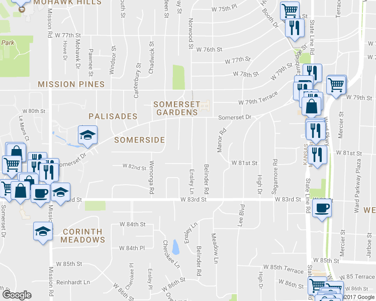 map of restaurants, bars, coffee shops, grocery stores, and more near 8024 Ensley Lane in Leawood