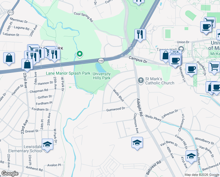 map of restaurants, bars, coffee shops, grocery stores, and more near 7602 Wells Boulevard in Hyattsville