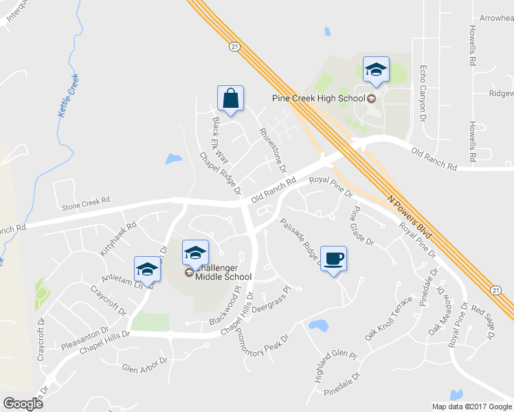 map of restaurants, bars, coffee shops, grocery stores, and more near 2965 Sovereign View in Colorado Springs