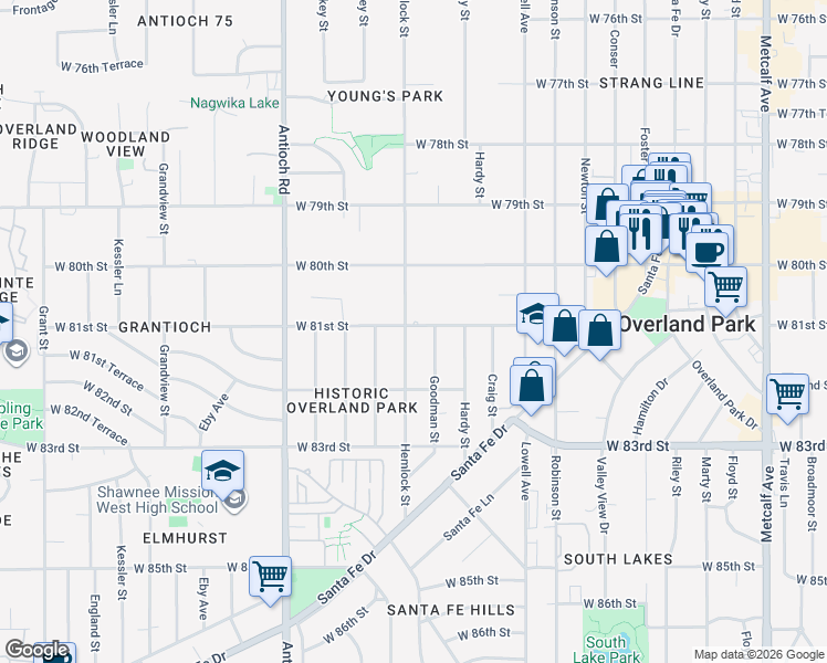 map of restaurants, bars, coffee shops, grocery stores, and more near 8101 Hemlock Street in Overland Park