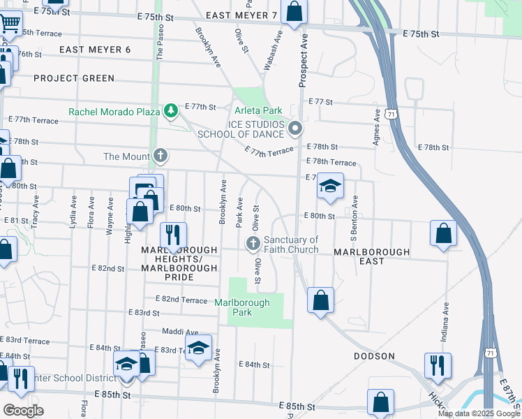 map of restaurants, bars, coffee shops, grocery stores, and more near 7941 Olive Street in Kansas City