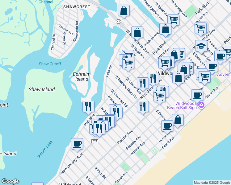 map of restaurants, bars, coffee shops, grocery stores, and more near 5611 Park Boulevard in Wildwood Crest