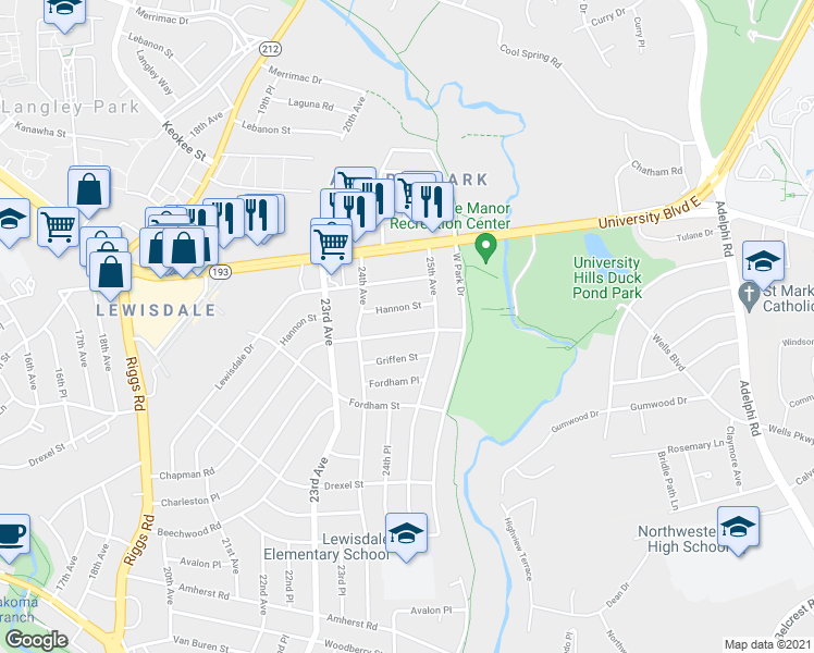 map of restaurants, bars, coffee shops, grocery stores, and more near 2416 Chapman Road in Hyattsville