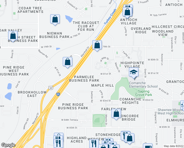 map of restaurants, bars, coffee shops, grocery stores, and more near Switzer Road in Lenexa
