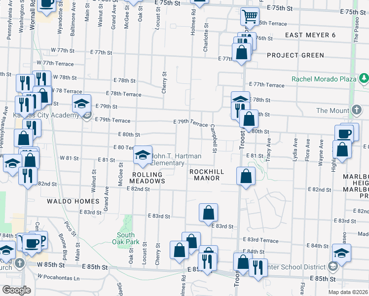 map of restaurants, bars, coffee shops, grocery stores, and more near 8024 Holmes Rd in Kansas City