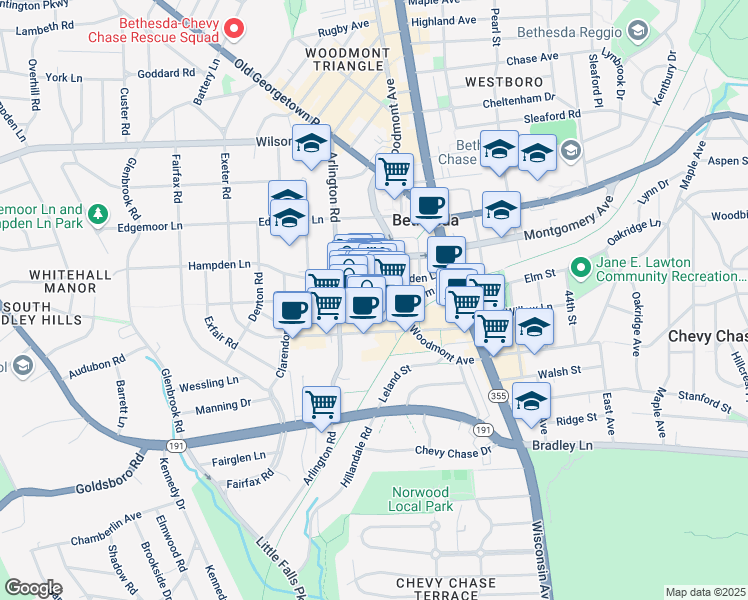 map of restaurants, bars, coffee shops, grocery stores, and more near 4916 Elm Street in Bethesda