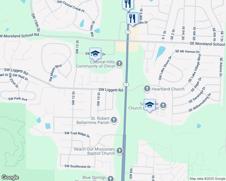 map of restaurants, bars, coffee shops, grocery stores, and more near 2200 Southwest 8th Street Terrace in Blue Springs
