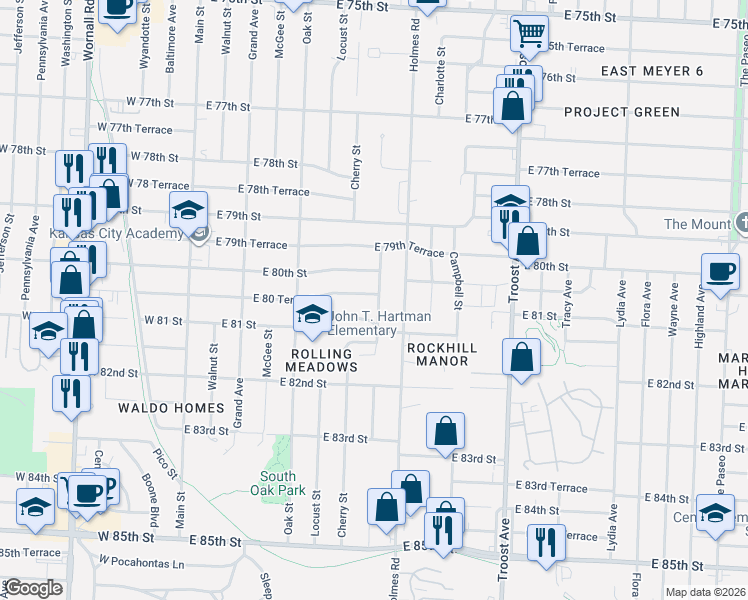 map of restaurants, bars, coffee shops, grocery stores, and more near 447 East 80 Terrace in Kansas City