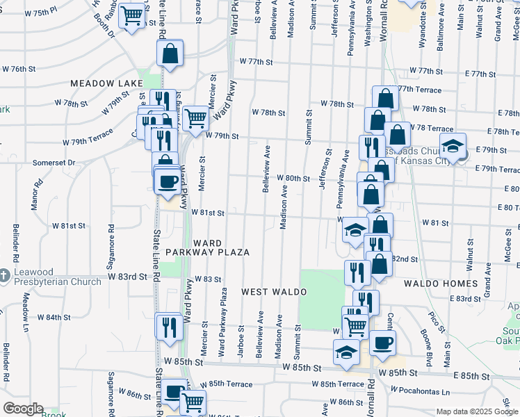 map of restaurants, bars, coffee shops, grocery stores, and more near 8024 Belleview Avenue in Kansas City