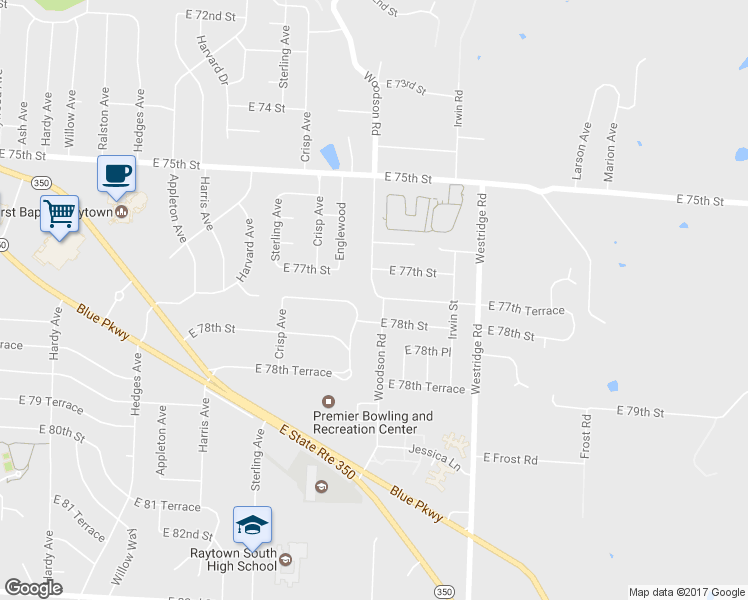 map of restaurants, bars, coffee shops, grocery stores, and more near 7710 Woodson Road in Raytown