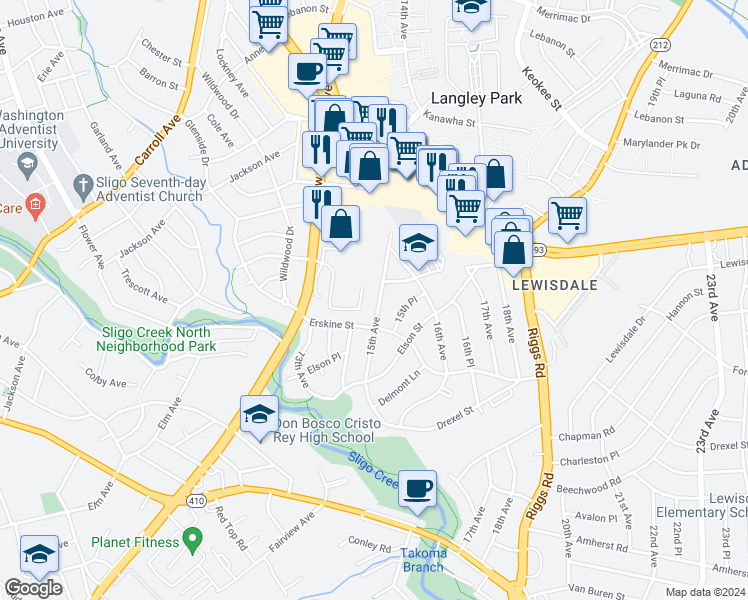 map of restaurants, bars, coffee shops, grocery stores, and more near 7310 15th Avenue in Takoma Park