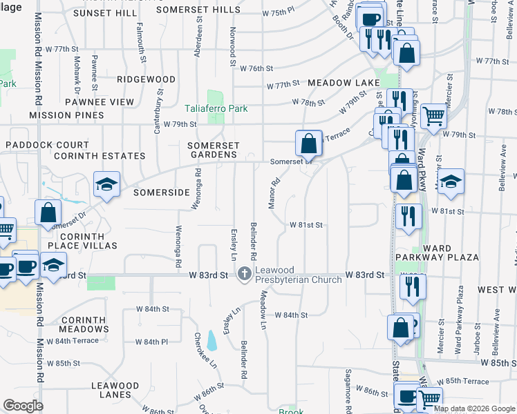 map of restaurants, bars, coffee shops, grocery stores, and more near 8025 Belinder Road in Leawood