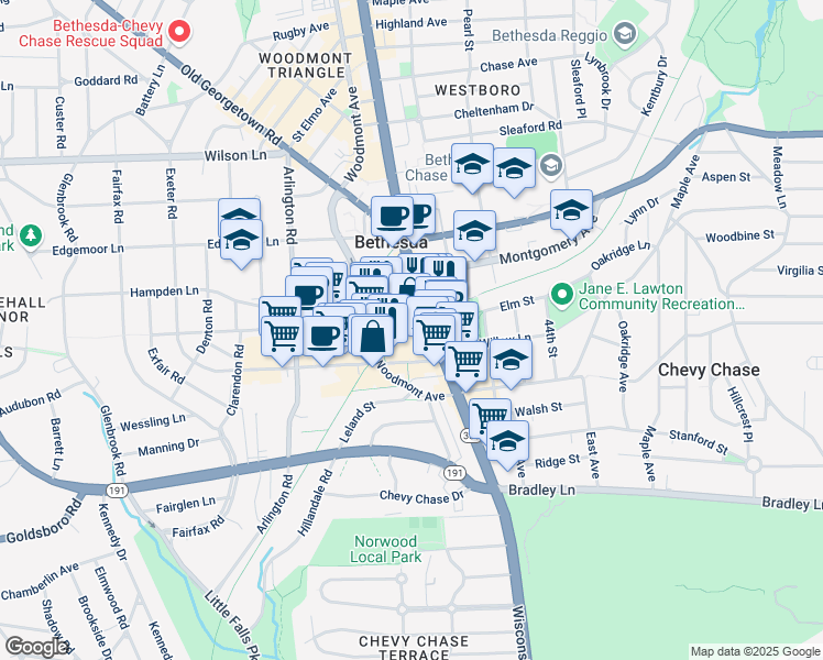 map of restaurants, bars, coffee shops, grocery stores, and more near 7272 Wisconsin Avenue in Bethesda